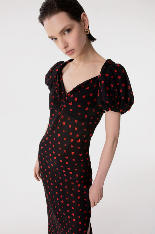 Abito Lungo Benedetta Donna Elegante Nero con Rose, Maniche a Palloncino e Spacco Laterale – Vestito Cerimonia