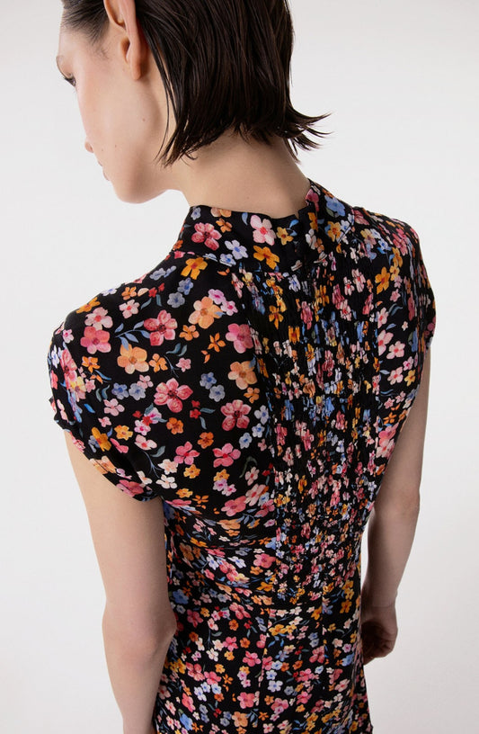 Abito Swami Corto Nero Elegante con Collo Coreano e Volant – Vestito Donna in Viscosa a Fiori