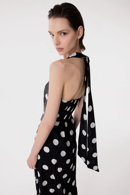 Abito Paula Midi Donna a Pois Nero con Scollo Squadrato e Spacco Laterale – Vestito Elegante in Viscosa